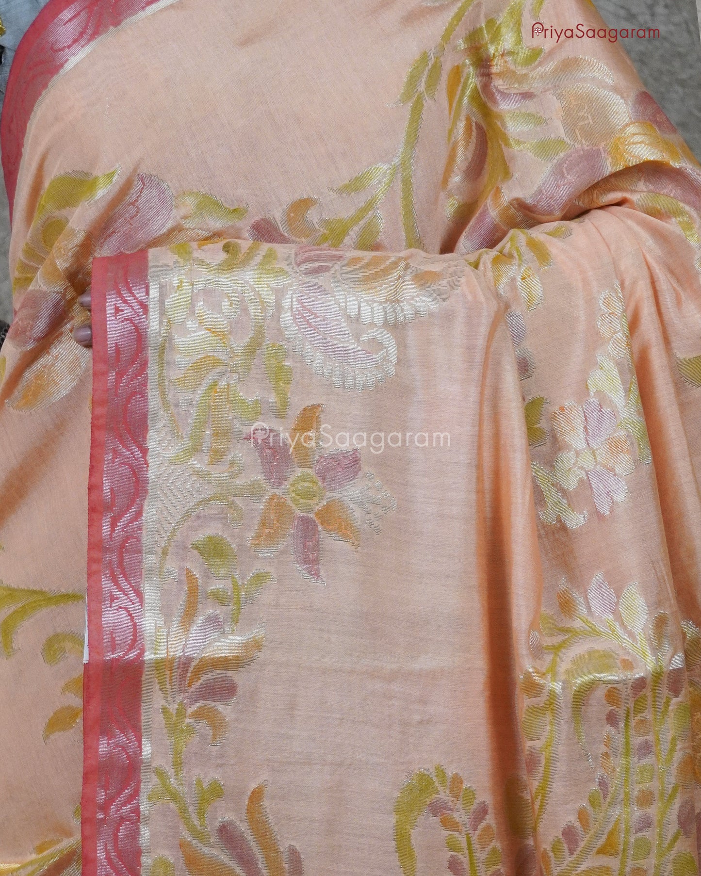 Peach Floral Tussar - PB4957