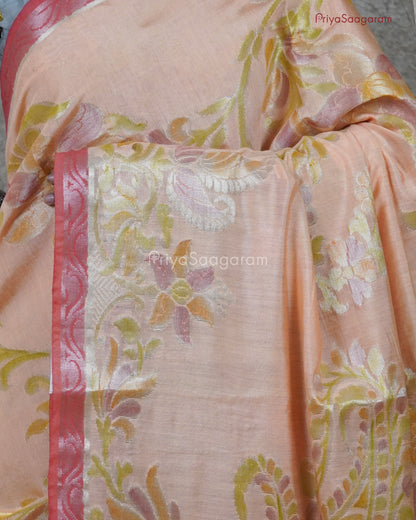 Peach Floral Tussar - PB4957